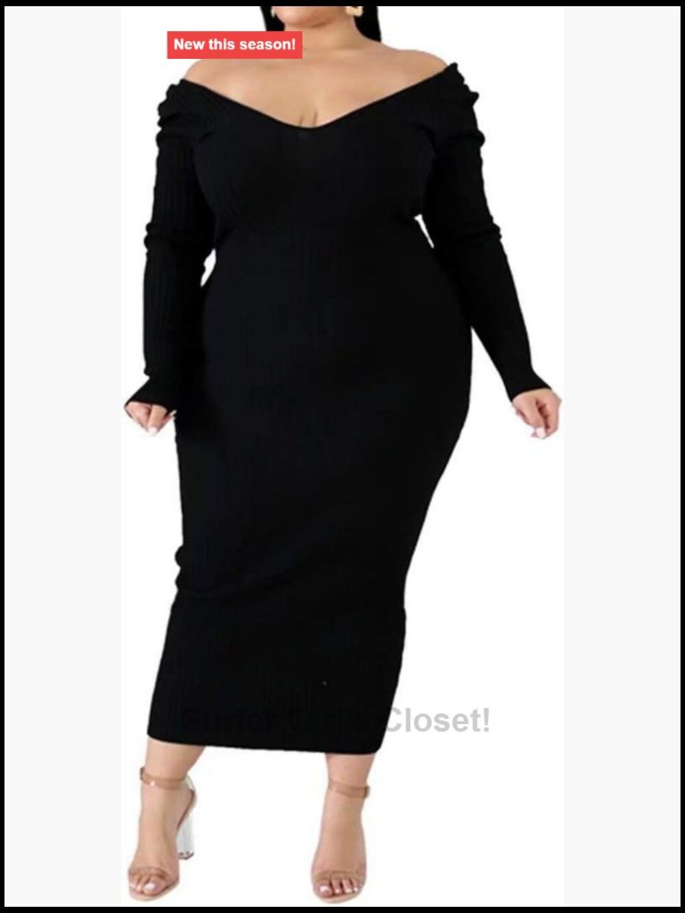 Plus Size Off Shoulder Long Sleeve Bodycon Midi Ribbed Sweater Dress